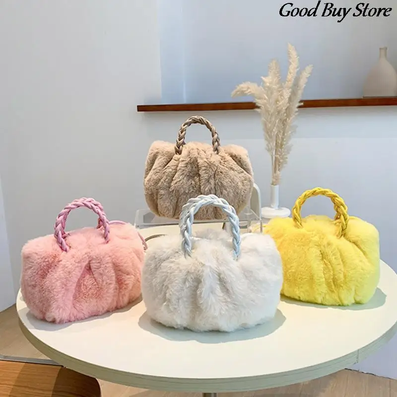 Women Winter Plush Shoulder Bags Evening Party Totes Female Party Underarm Bag Elegant Fluffy Fur Tote Handbag Braid Purses