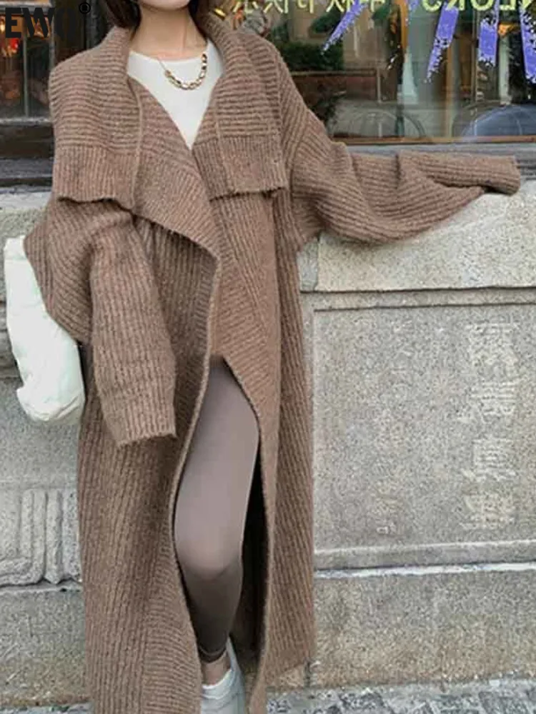 [EWQ] Temperament Loose Long Sleeve Long Sweater Cardigan Coat Thick Warm Women Coffee Knit Overcoats Autumn 2024 Winter 16O1430