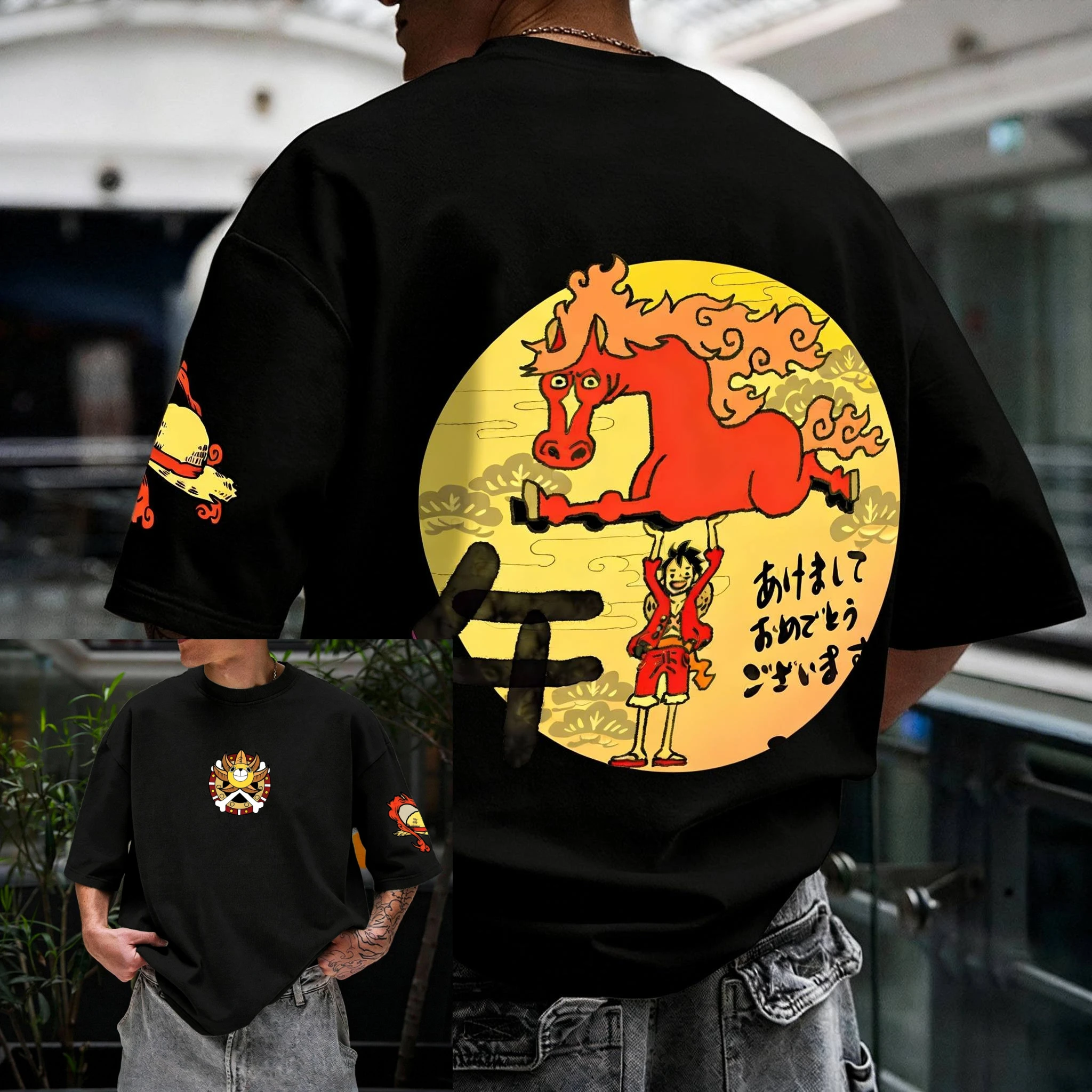 

Мужская футболка с аниме-принтом One Piece IP (Луффи, новогодняя тематика, Год Лошади) – стильный дизайн, удобная посадка, прочный принт, на каждый день