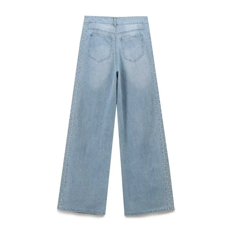 Jean en Denim taille haute brodé pour femme, coupe ample, ajouré, pantalon Long décontracté, nouvelle collection automne