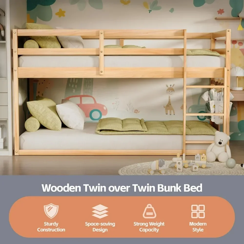 Low Bunk Bed Twin Over Twin, Floor Bunk Bed with Ladder, Twin Bunk Bed with Full Guardrails, Woodenfor Juniors, Boys, Girls,Kids