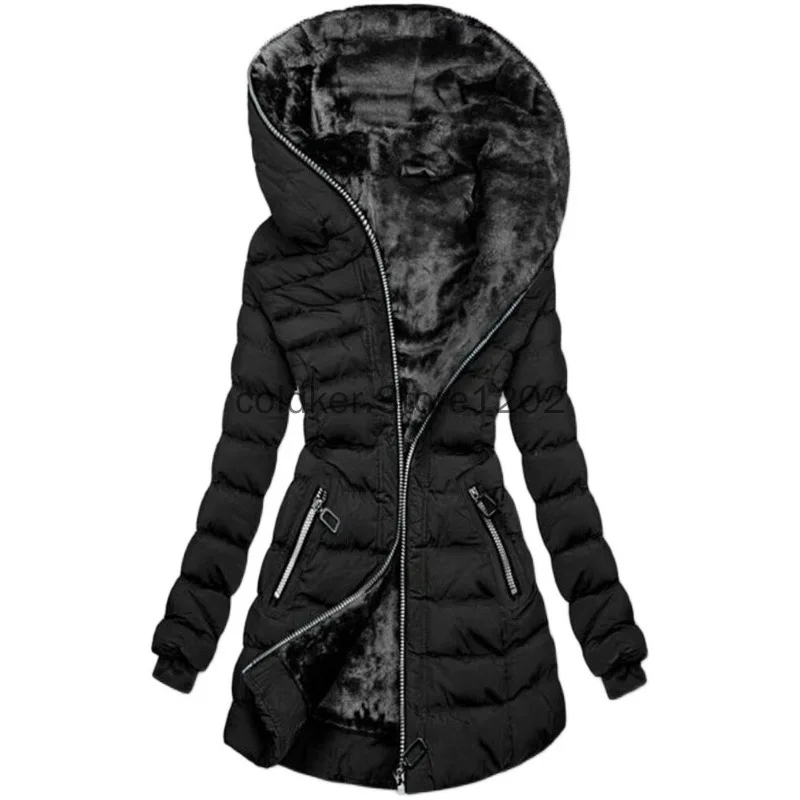 

New Winter Cotton Plus Size Jacket Coat Women's Hooded Warmth Plucked Cotton Coat Mid Length Coat Black Cotton Coat Parkas