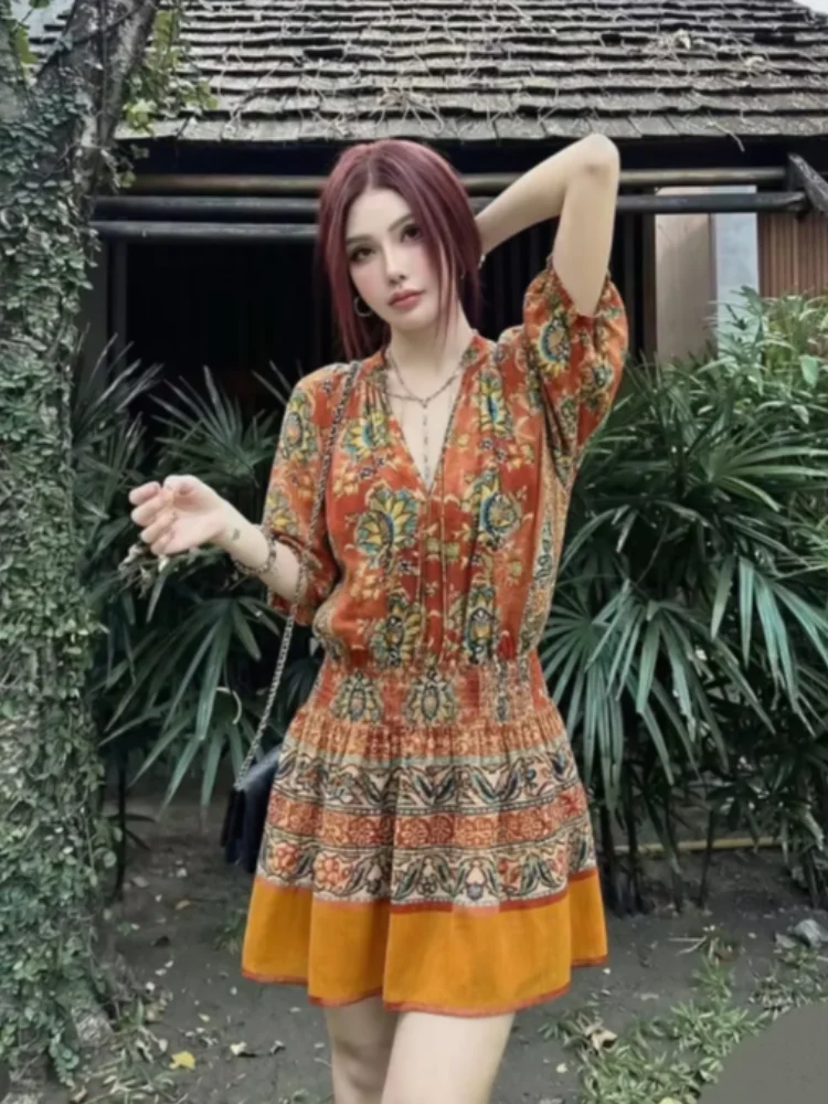

Orange Ethnic Print Mini Dress Fashion V Neck Half Sleeve Elastic Waist Pleated Dresses 2026 Summer New Lady Elegant Vestidos