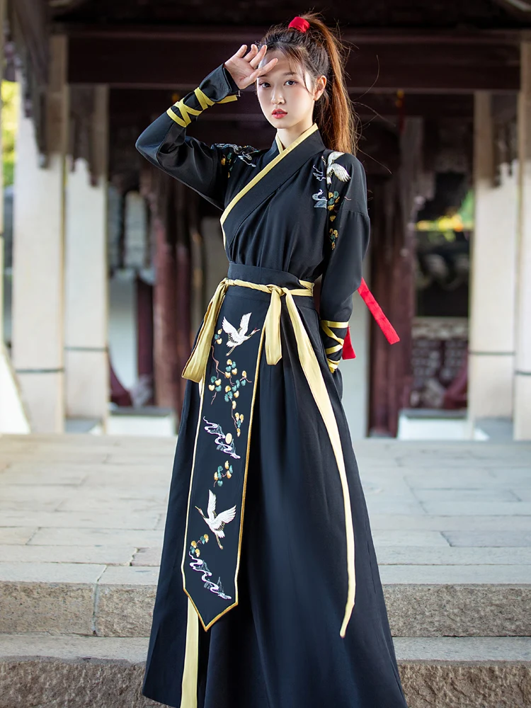 

Hanfu Women Clothing Chinese Traditional Dress Wuxia Cosplay Modern Hanfus Long Dresses Summer Black Cross Collar Waist Skirt
