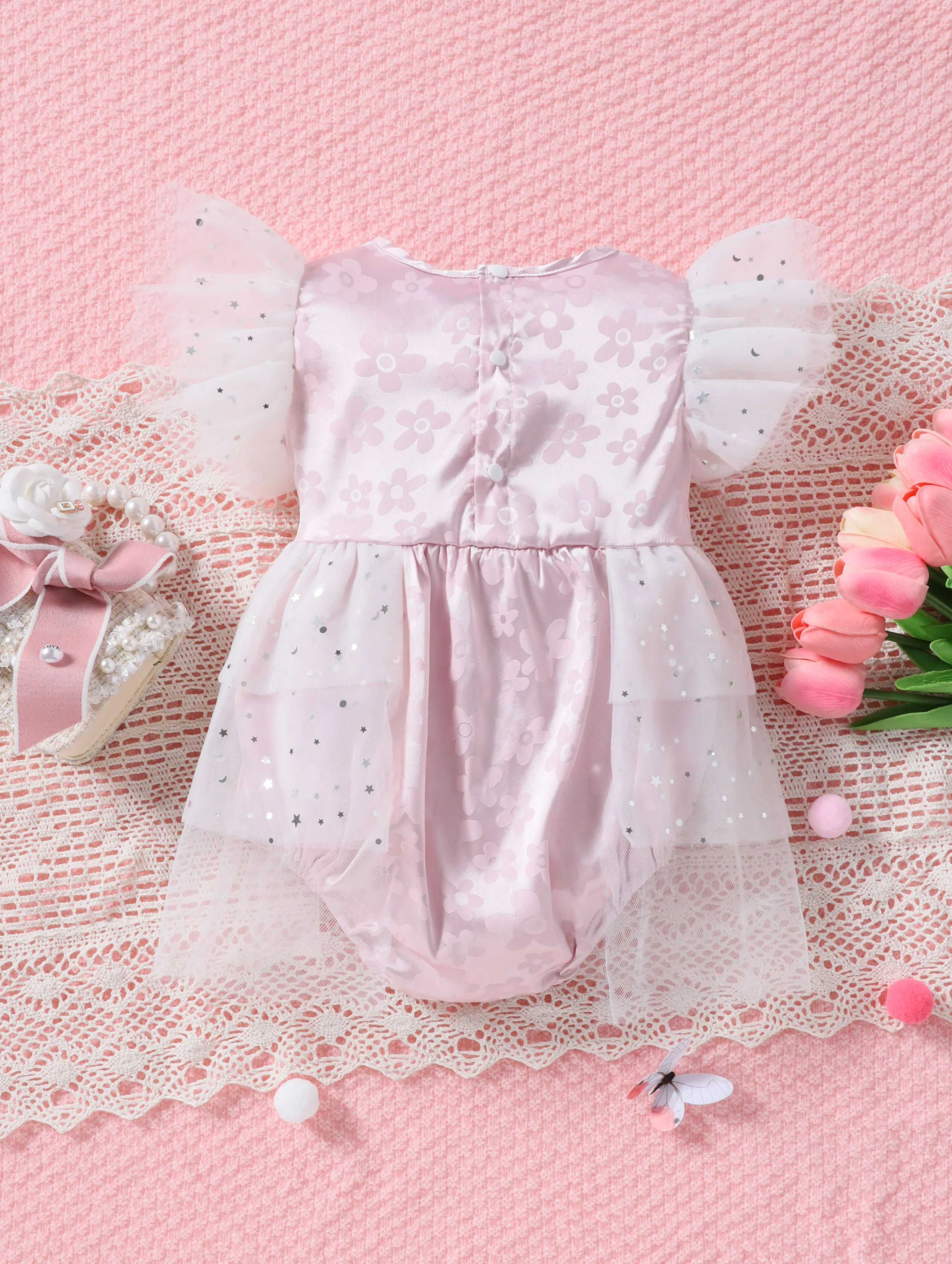 Baby Girl Summer Casual Skirt with Star Mesh Hem Floral Embroidered Satin Double Layer Star Mesh Skirt Triple Triangle Blanket