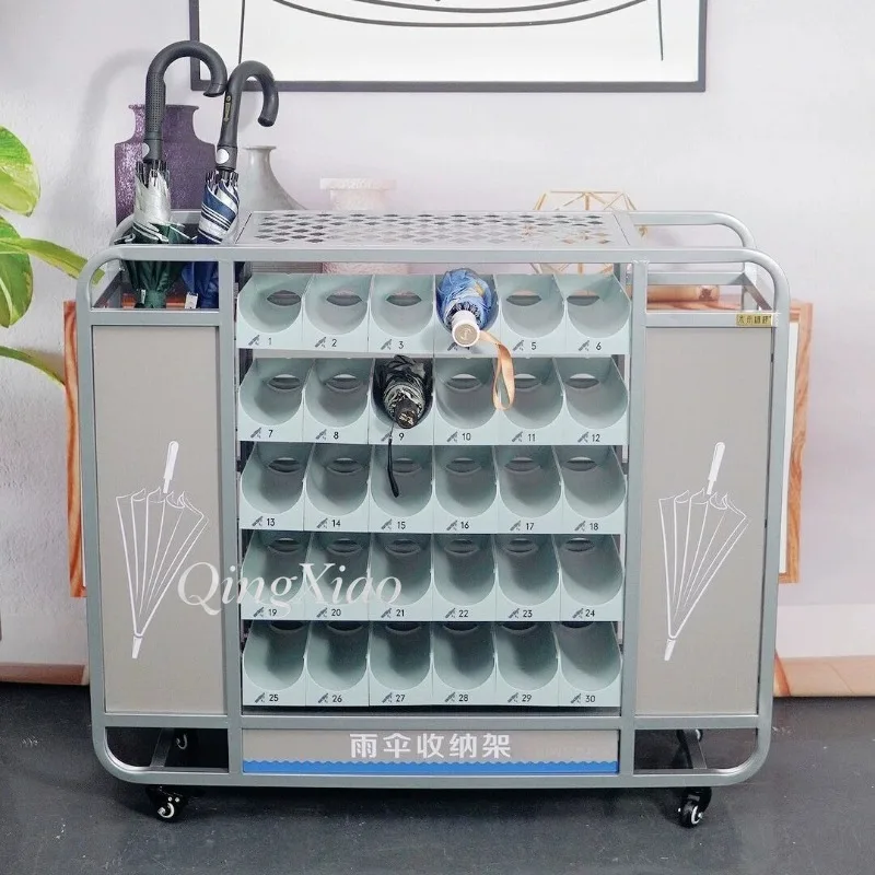 Commercial Metal Umbrella Storage Rack with Lockable Casters Multi-layer Hole Design Freestanding Umbrella Holder Public Space