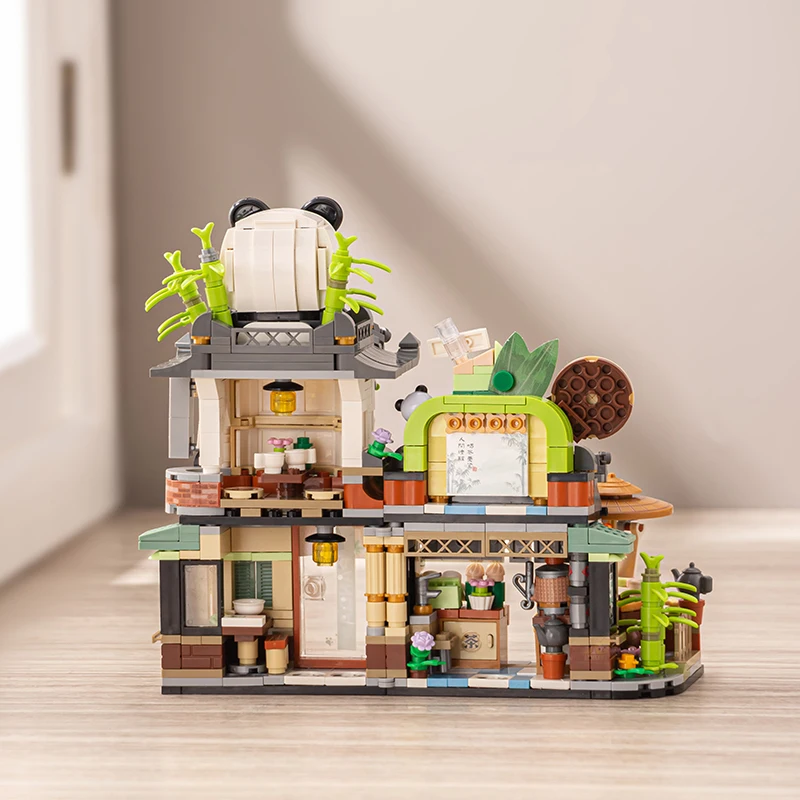 LOZ New arrival 1383 Panda Tea House Mini building block  Cute Store DIY Brick Set for Christmas New year Gifts