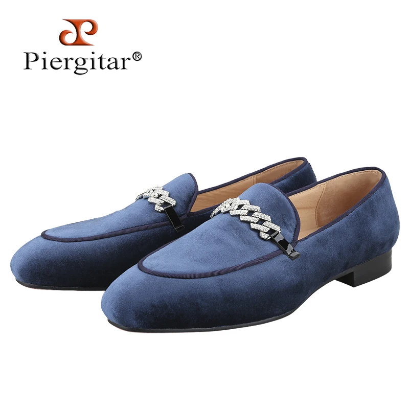 Piergitar Mocasines de Hombre Estilo Dandy Moderno de Terciopelo Multicolor con Decoración de Cadena de Diamantes de Imitación para Eventos Sociales