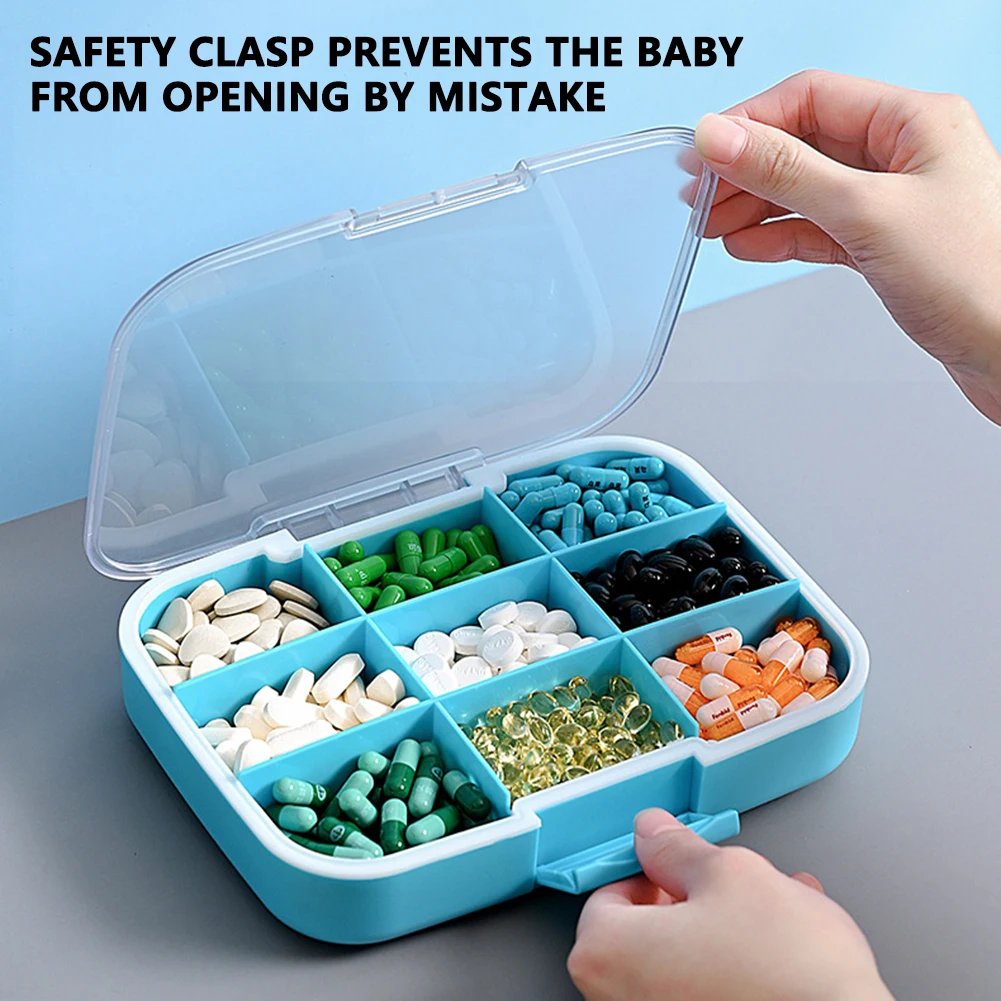 Portable Travel Pillbox,Moisture Proof Waterproof Pill-Container,Extra Large Storage Space Box With 9 Compartments,For Daily Use