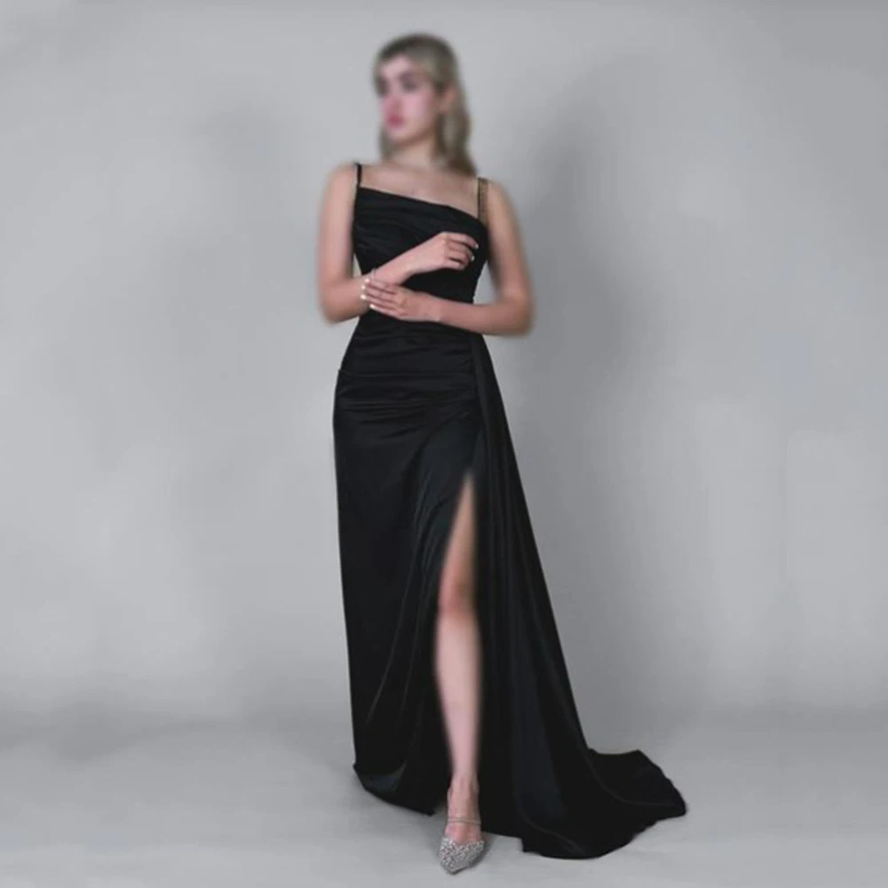 

Customized Yipeisha Simple Spaghetti Black Jersey Evening Dresses Sexy Backless With Split Watteau Train Floor Length Pageant Go