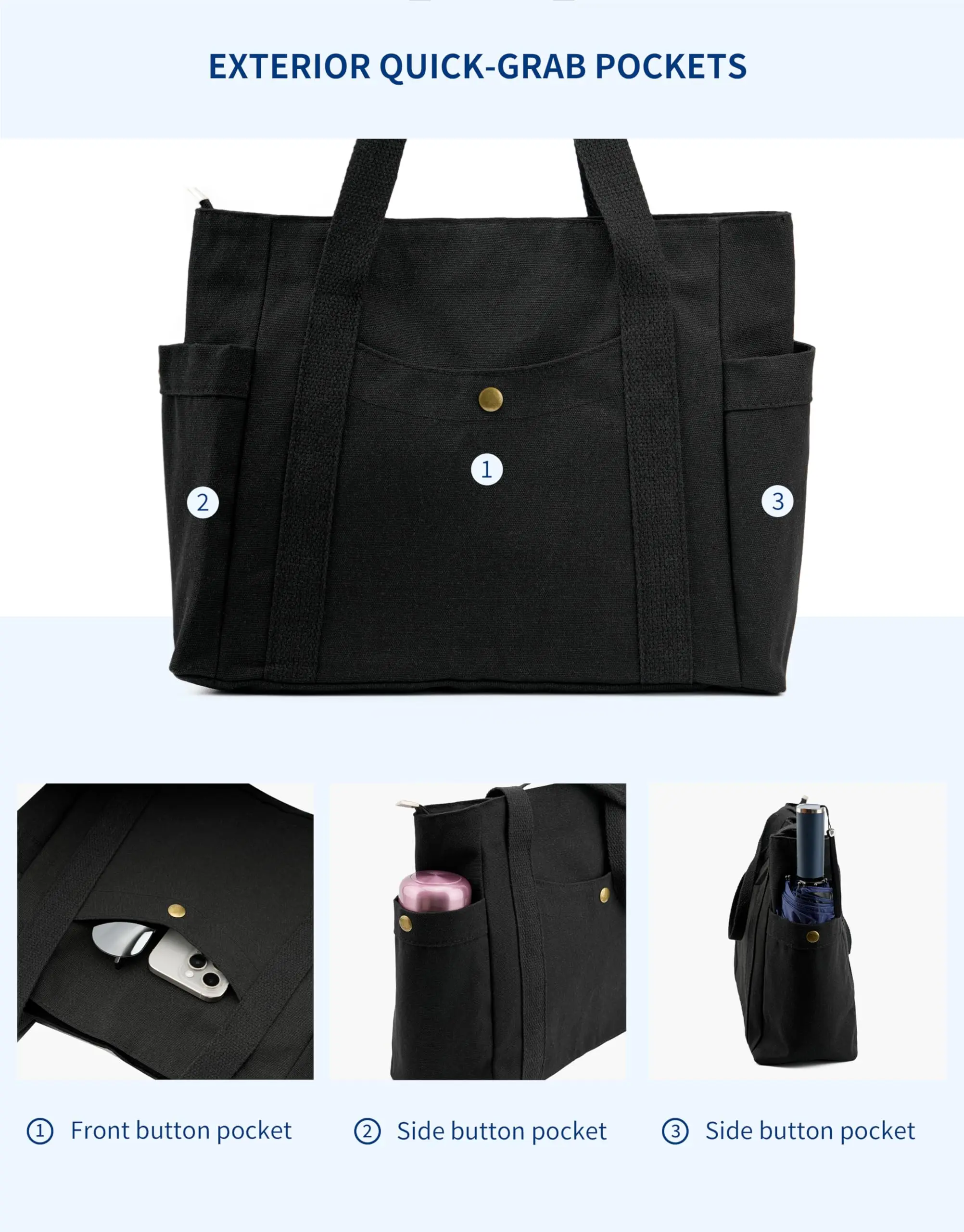 Women Canvas Tote Bag with Zipper Multiple Pockets for Daily Essentials Travel Work Large Capacity Shoulder Bag image 4
