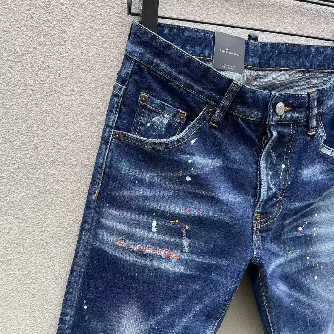 Jeansy męskie starbags dsq 111 Hipster męskie wytarte dziury naszywka haft ręcznie szyte małe stopy niebieskie dżinsy męskie spodnie