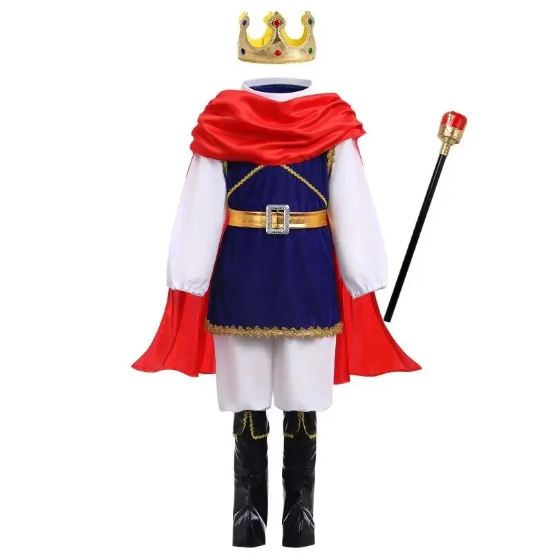 7 Pieces Boys King Carnival Costume Medieval Royal Prince Full Set Outfits for Halloween Birthday Party Fancy Dress Up