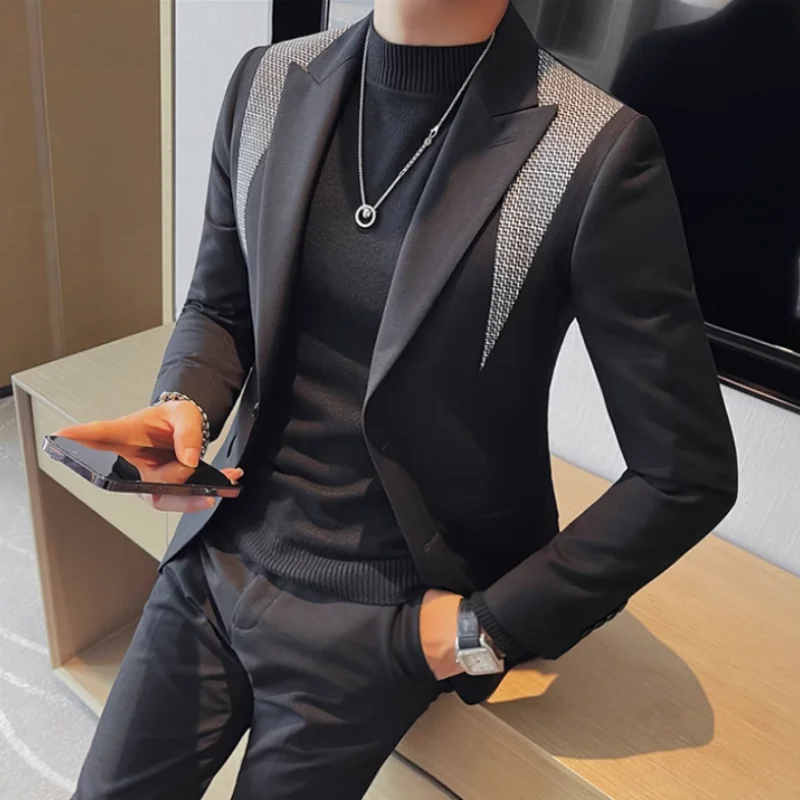 

New Men Business Splice Suit Jacket Slim Fit Coat Classic Men's Wedding Prom Party Performance Dress Blazers 2024