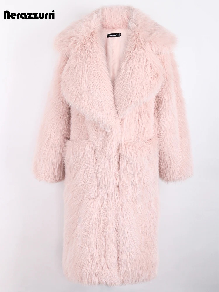 Nerazzurri Winter Long Pink White Black Oversized Shaggy Hairy Thick Warm Soft Stylish Fluffy Faux Fur Coat Women Lapel Pockets