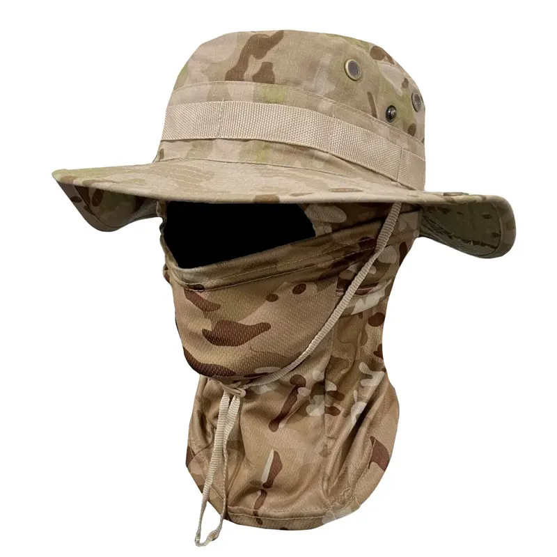 Camo Boonie Fischerhut mit breiter Krempe und Sturmhaube, Gesichtsmaske, UV-Schutz, Sonnenhut, Angeleimerhut für Jagd, Wandern