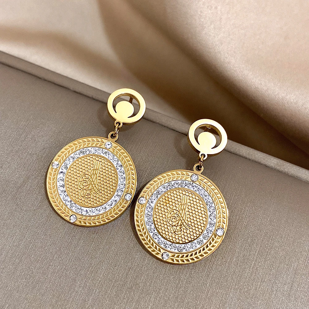 DODOHAO Vintage Chunky Inlaid Rhinestones Round Coin Stainless Steel Earrings for Women Gold Color Wrist Waterproof Jewelry Gift