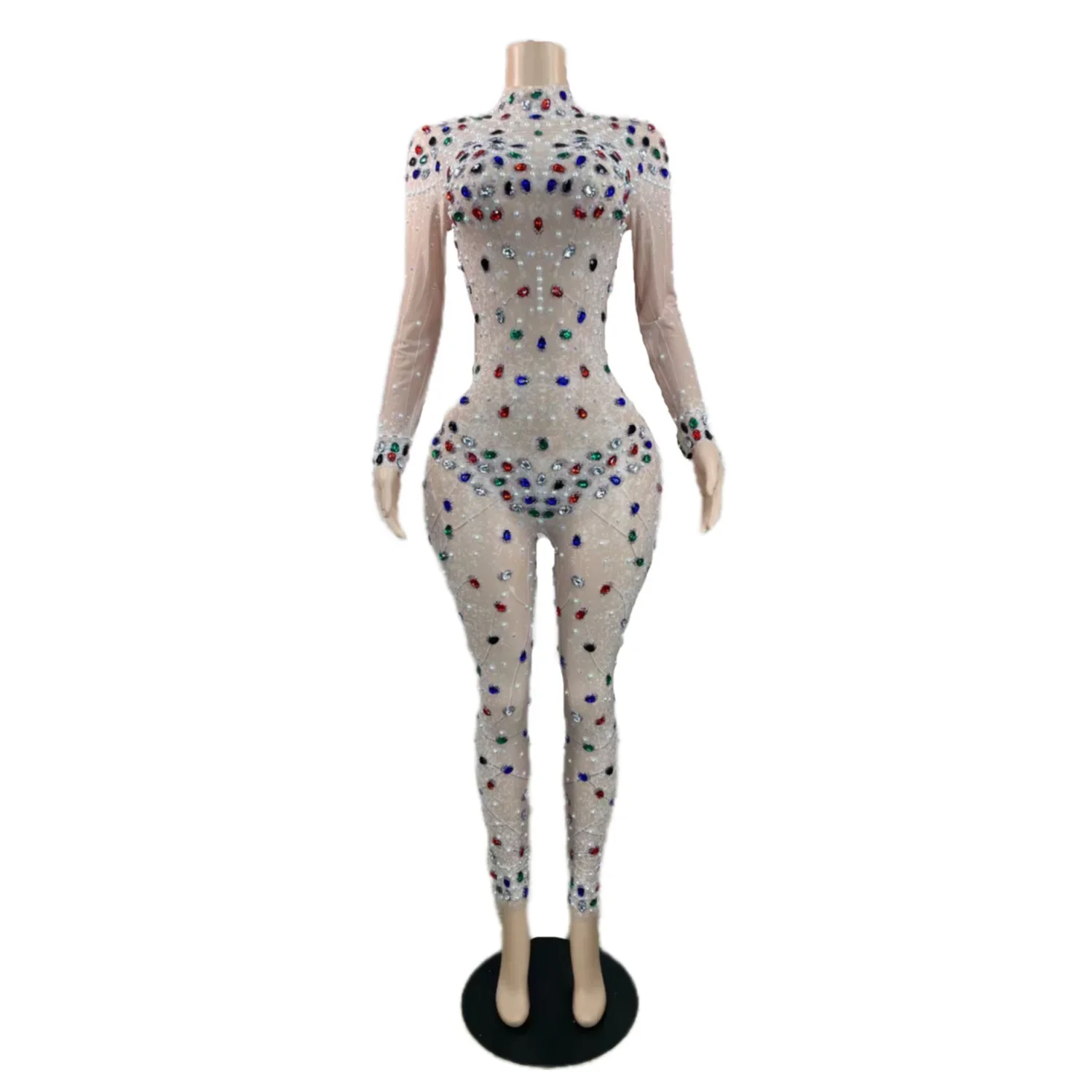 

Nude Shining Rhinestones Pearls Sexy Long Sleeves Jumpsuits For Women Nightclub DJ Clothing Pole Prom Singer Stage Costumes