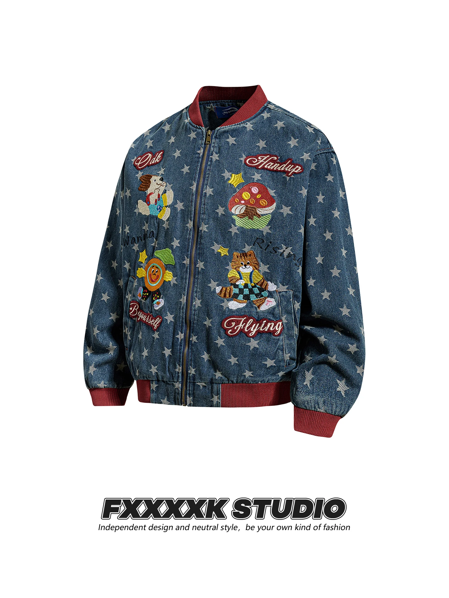

Original FXK Vintage Heavy Du Cartoon Embroidery Color Blo Stand Collar Denim Jaet Retro Sle Men's Casual Outerwear