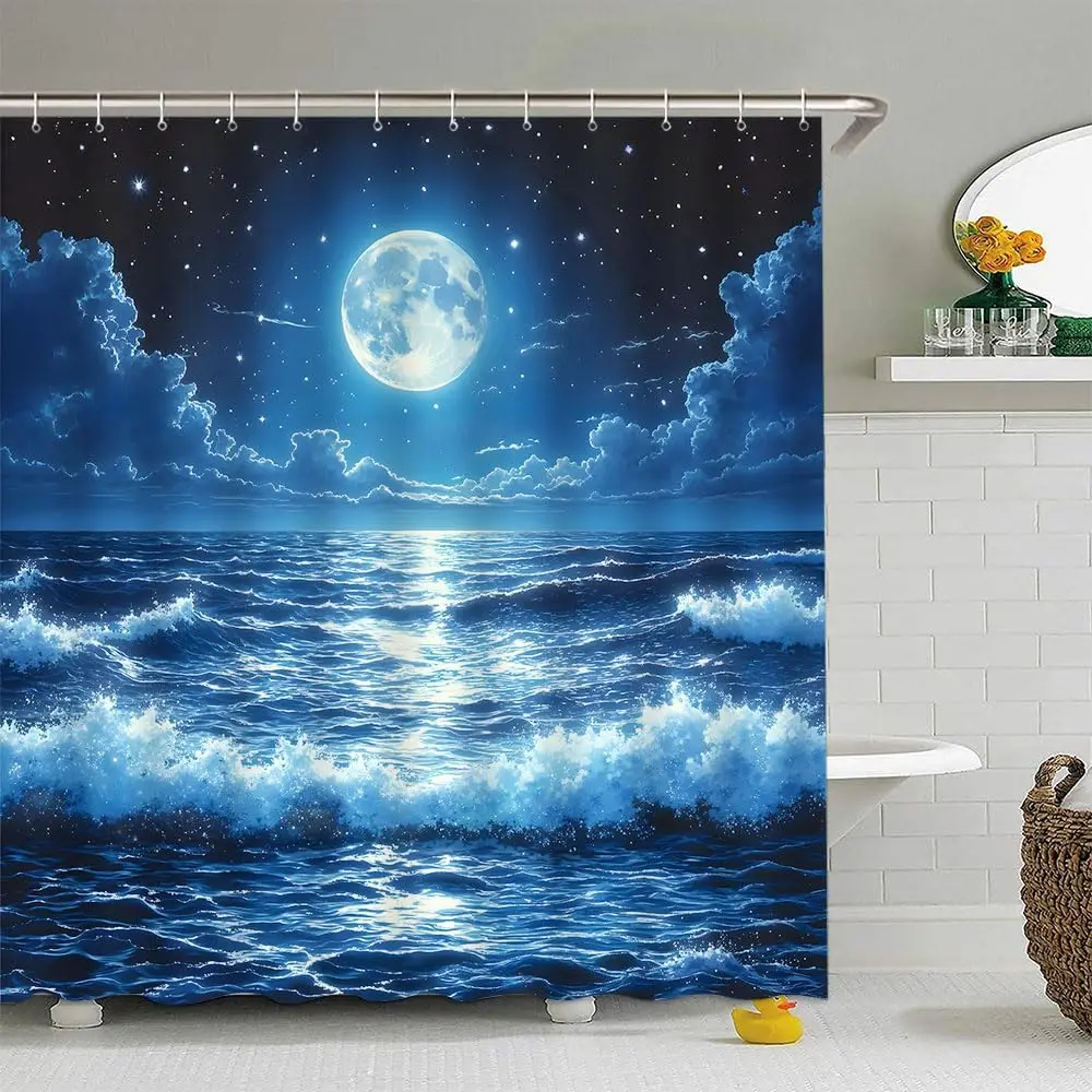 Ocean Sea Waves Shower Curtain Fantasy Blue Night Sky Nautical Moon Romantic Clouds Stars Dreamy Nature Seascape Starry Reflect