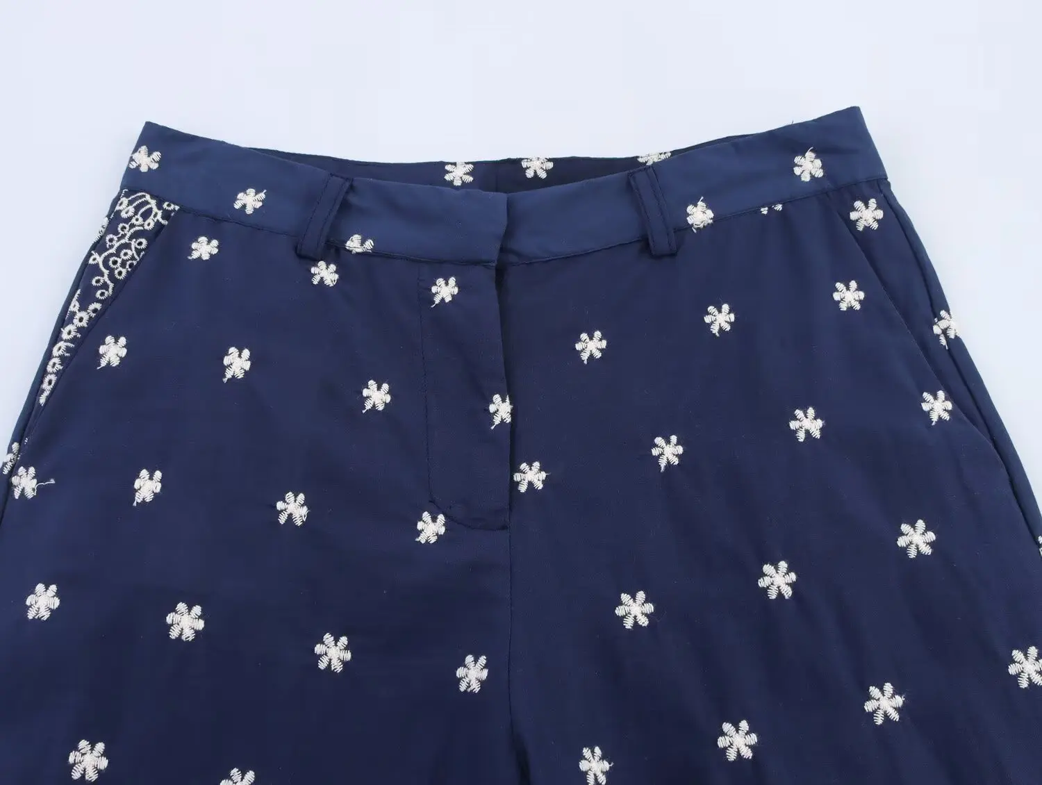 Maxdutti French Bohemian Flower Embroidery Navy Blue Casual Cropped Pants Summer Ethnic Cotton Wide-leg Pants For Women