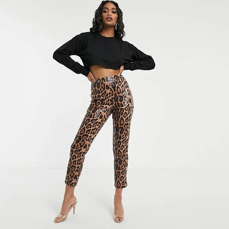 Women Faux Leopard Print Pants Sexy High Waisted PU Leather Leggings Ladies Vintage Stretchy Tights Trousers Autumn New Custom