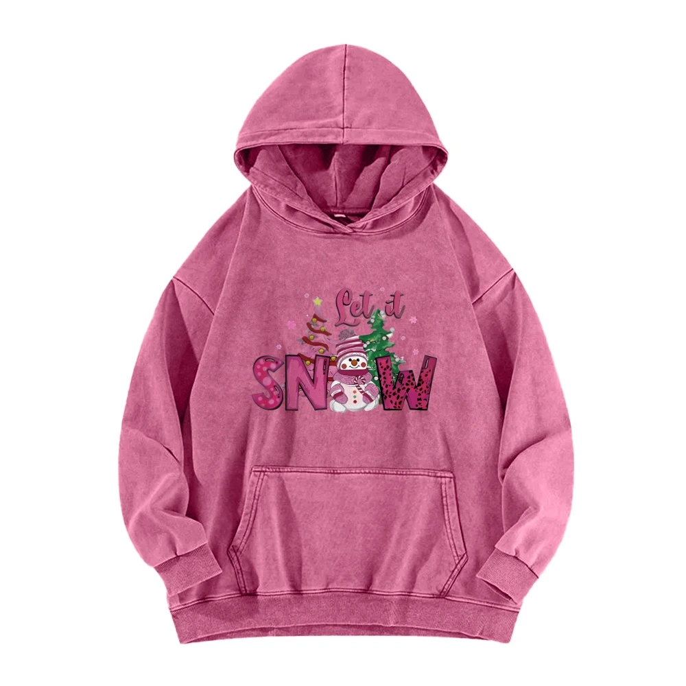 

Let it Snow Fashionable Washed Hoodie Women Snowflake Christmas Trees Winter Wear Sweatshirt Snowman Festive Sweater Streetwear