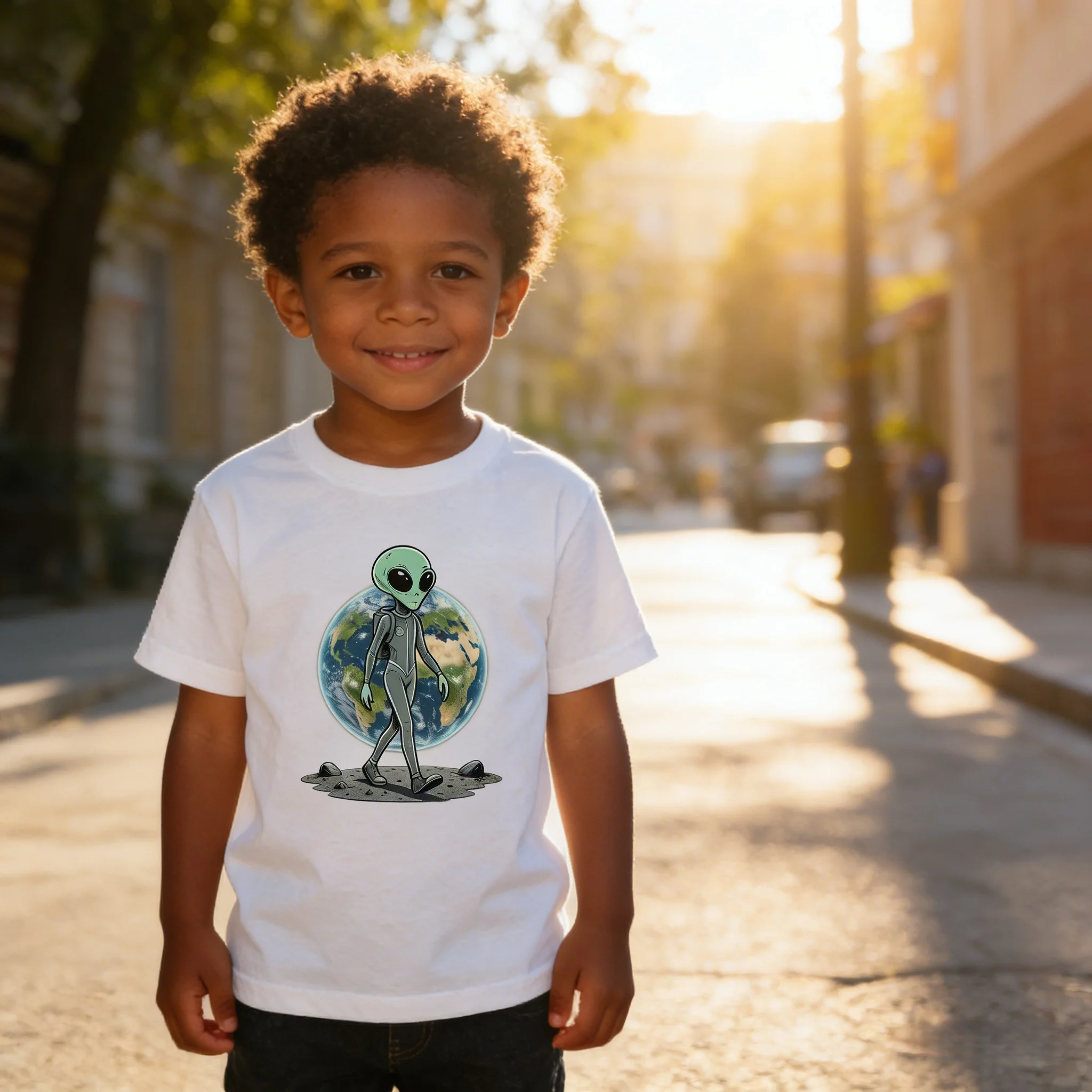 Alien Moonwalk Print Loose Kids Short Sleeve T-Shirt Cotton Soft Machine Washable for Outdoor Sports Daily Play