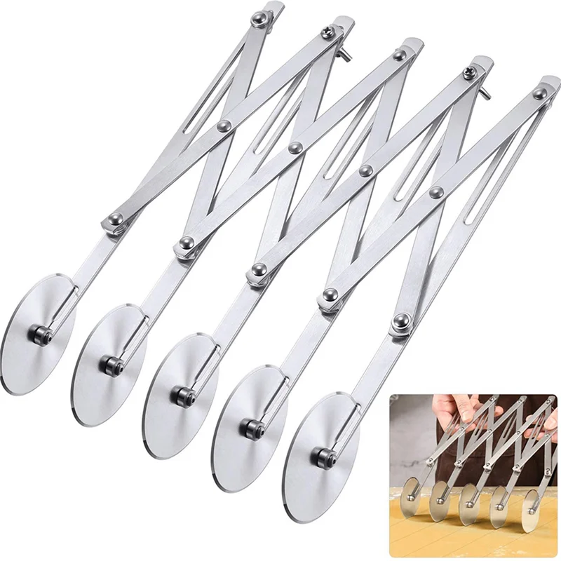 

B62B-2X 5-Wheel Pastry Cutter Pizza Cutter Multi Wheel Dough Cutters Expandable Pizza Slicer Baking Roller Pastry Knife