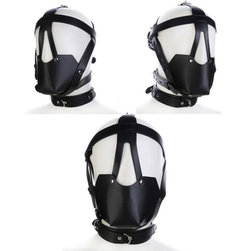 Adult Halloween Nightclub Party Cosplay Games Sexy Headgear Fetish Exotic Face Mask PU Leather Harness Hollow Out Bondage Hood
