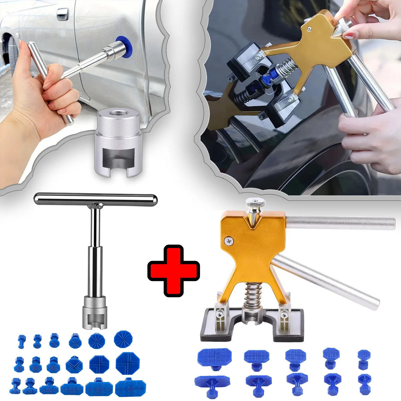 Paintless Car Dent Repair Tools Golden Paint-free Puller + Short T-Dent Pull, Instant Fix for Minor Damage -Auto Hail Pit Repair