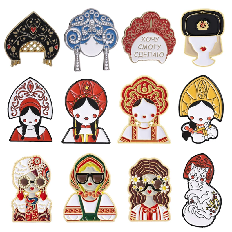Cartoon Russian Girls Enamel Pins Folk Kokoshnik Slav Headdress Russian Traditional Cultural Costume Brooches Badge Jewelry Gift