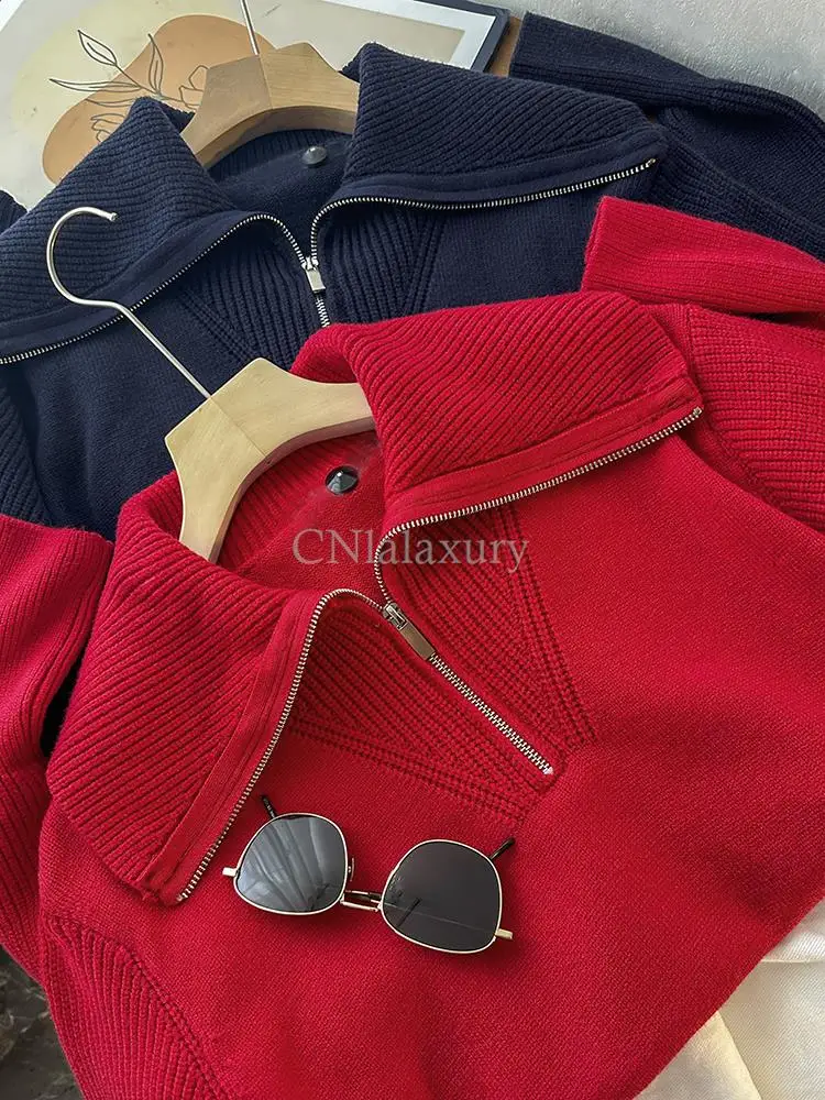 CNlalaxury 2023 Female Autumn Winter Solid Color Polo Collar Zipper Loose Chic Sweater Jumper Pull Femme Long Sleeved Versatile