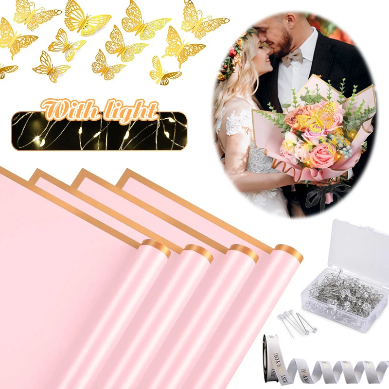 170Pcs Flower Golden Border Wrapping Paper Rose Flower Bouquet Wrapping Material with Led Light&Butterfly&Diamond Pins&Ribbons