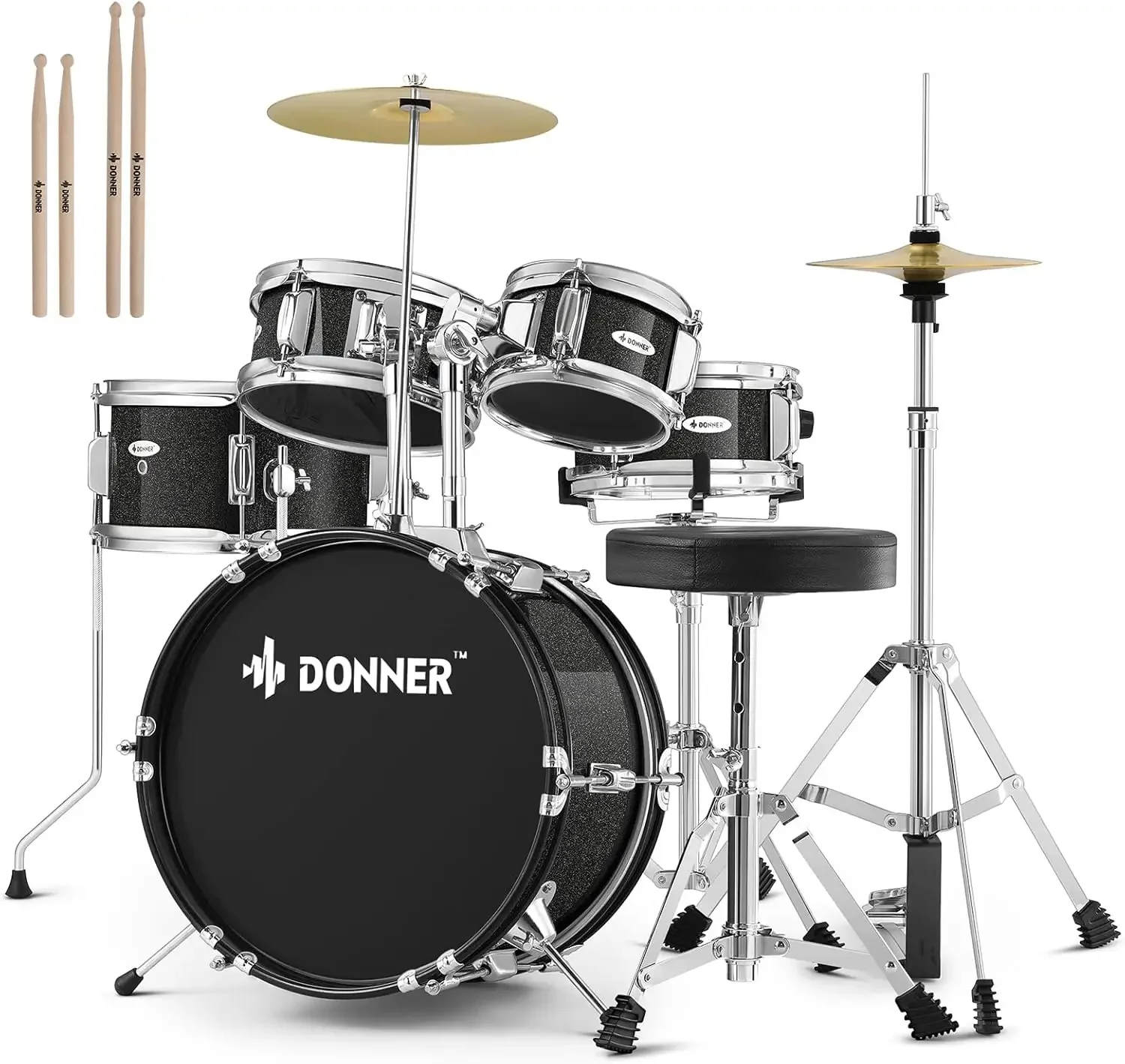 5-Piece for Beginners, 14 inch Full Size Complete Junior Drum Kit with Adjustable Throne, Cymbal