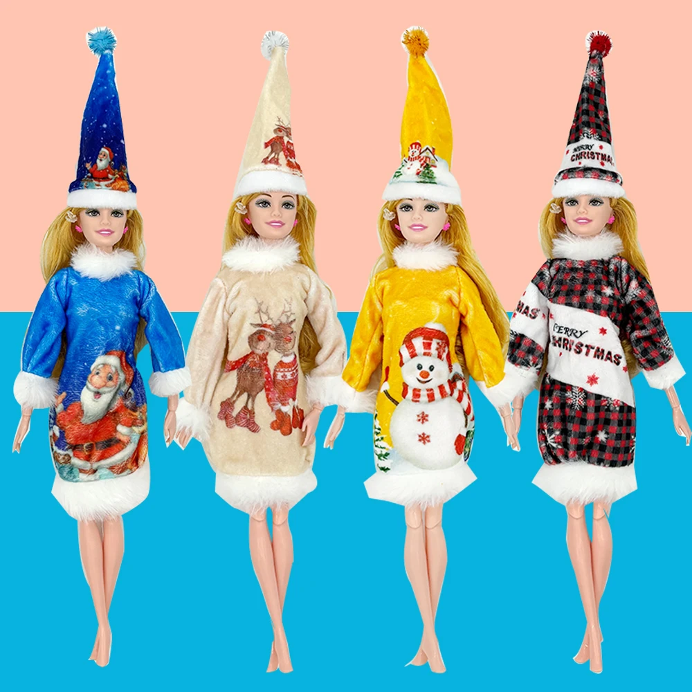 4pcs Christmas Outfits for Fashion Dolls 11.5 Inch/30cm, 1/6 Dolls Plush Fabric with Christmas Hat Toys for Kids Doll Dresses