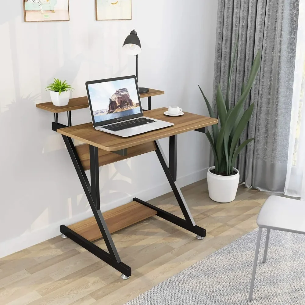 Computer Desk for Small Spaces, Z Shaped Small Computer Desk, 27.5 inch Compact Desk with Monitor Shelf and Bottom Storage