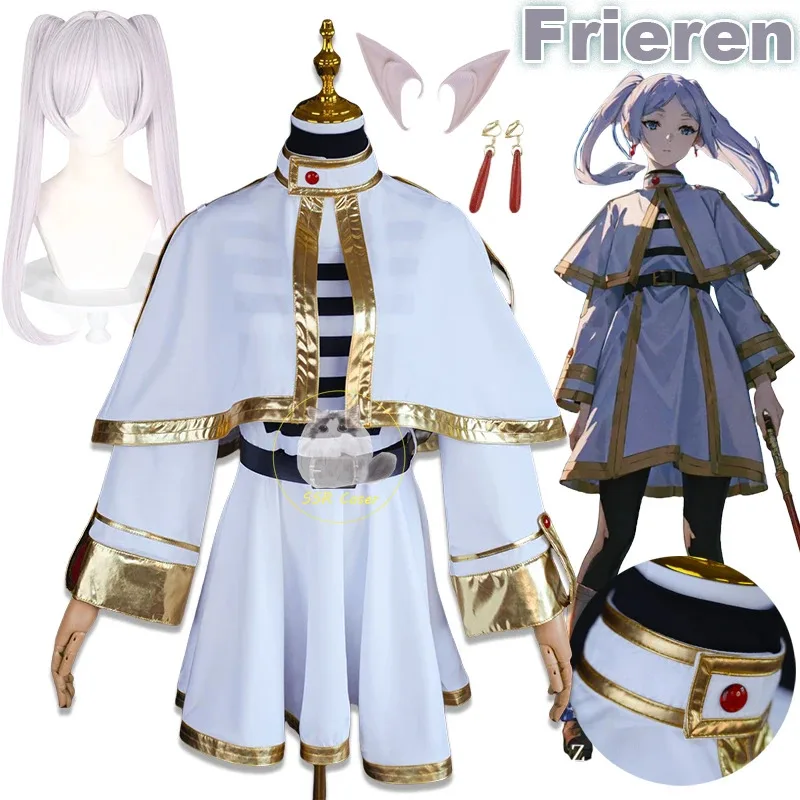2025 anime traje uniforme frieren no funeral cosplay halloween natal fantasia bruxa branco elf-orelha feminino co