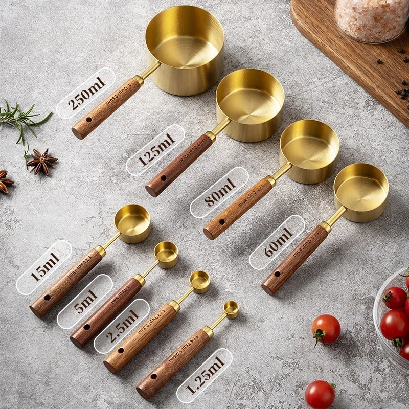 4/8-Piece Pro Barista Set Stackable Stainless Steel Measuring Cups Spoons with Wood Handle Metric Baking Kit for Coffee Pastry