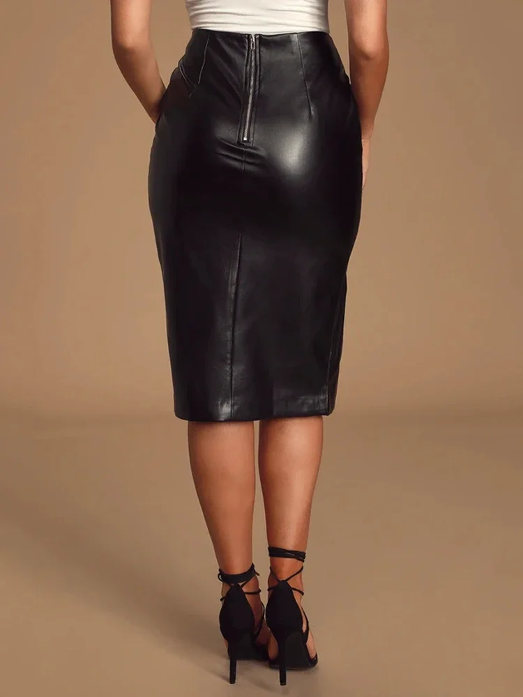 

Women Matte Faux Leather Midi Skirts Office Lady Side Split Sexy High Waist Black PU Pencil Skirt Custom Slim Skirt New