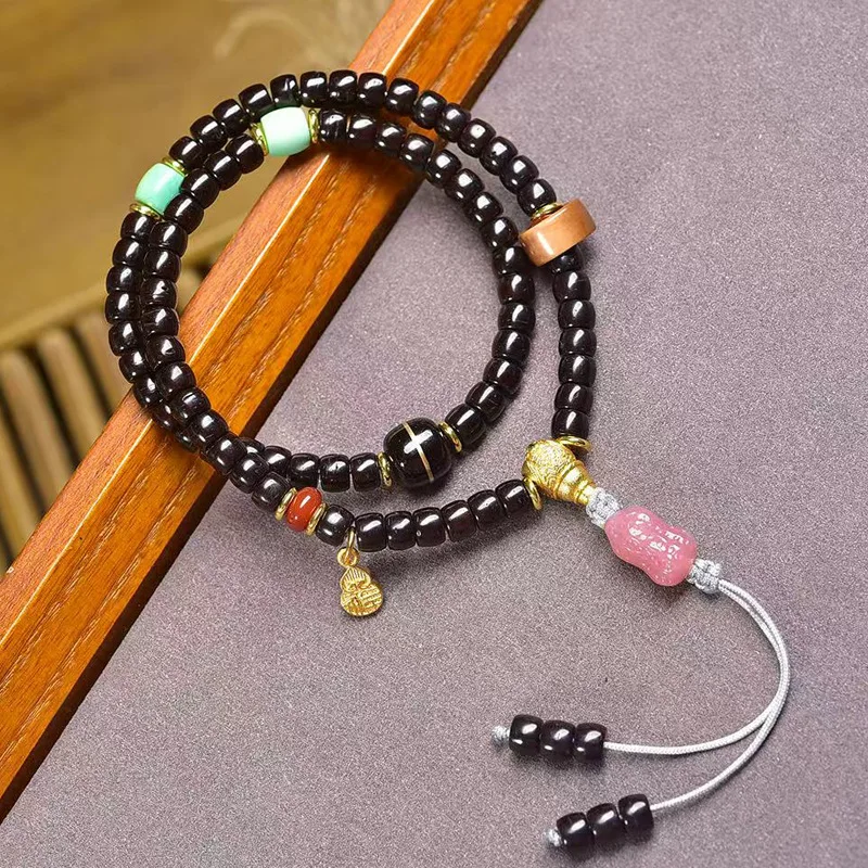 

Natural Coconut Husk Multi-Coil Bracelet Cultured Buddhist Prayer Beads Turquoise, South Red Agate Silk-Threaded Top Bead