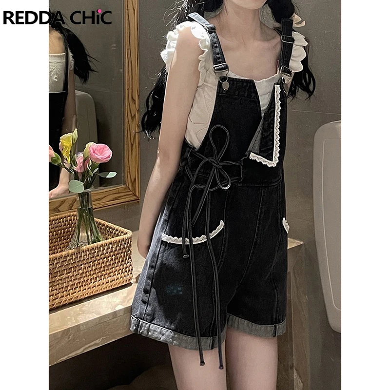 

REDDACHiC Kawaii Lace Trim Black Rompers for Women Seam Patchwork Overlap Bandage Wide Leg Denim Overalls Harajuku Y2k Jumpsuit