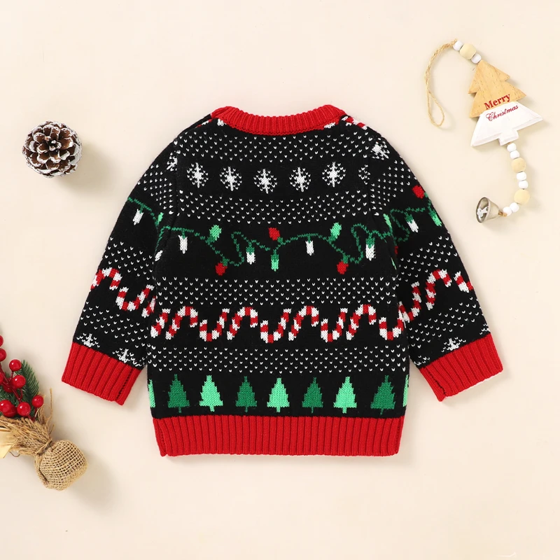 

Cute Infant Jumper with Festive Cartoon Christmas Print Cozy Long Sleeves Round Neck and Jacquard Detailing for Extra Warmth