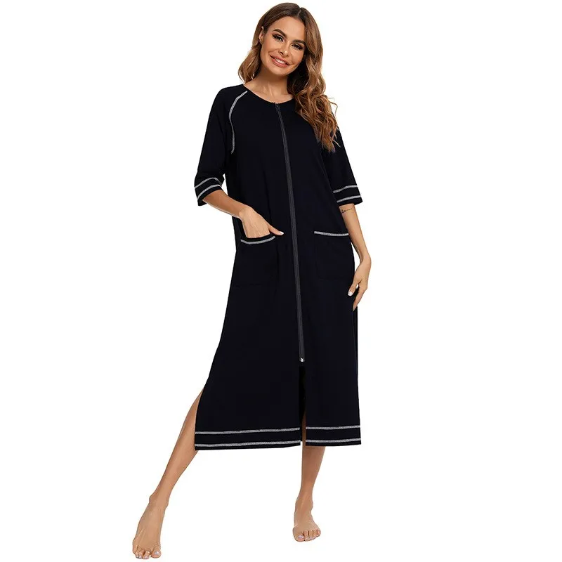 Women\'s Home Coat Half-sleeved Home Clothes With Pockets Long Pajamas Casual Loose Robe