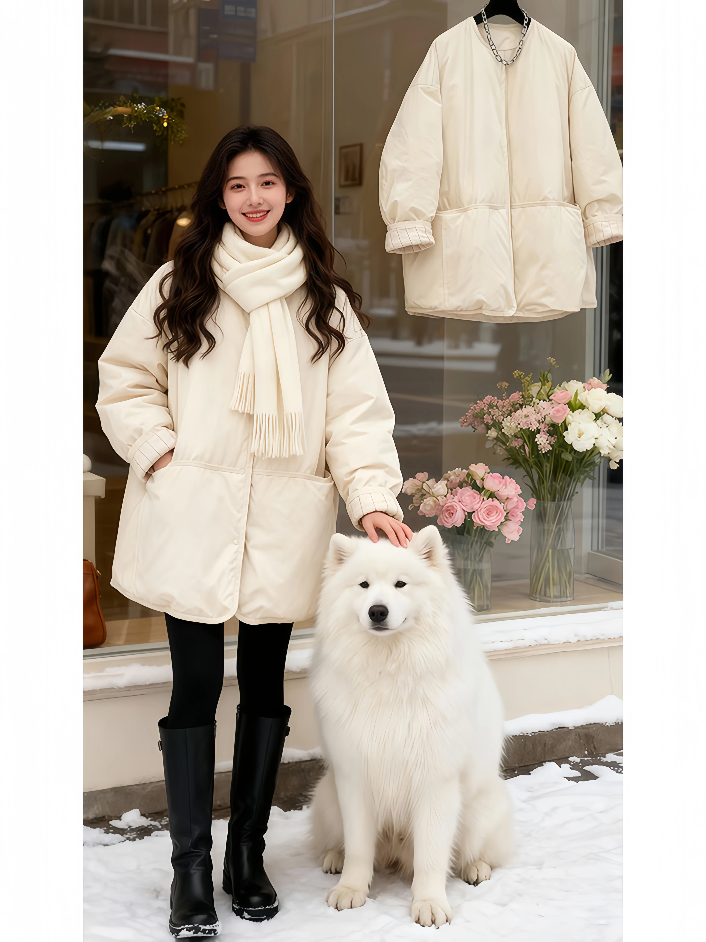 Korean Style Lazy Light Weight Warm Cotton Jacket Women's Loose Slimming round Neck Coat Thin Outerwear for Autumn Winter