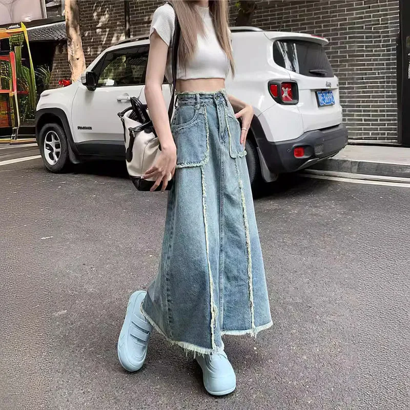 Vintage Denim Skirts for Women High Waist Pocket Long Skirts Ladies Casual A-Line Midi Skirts S-5XL Plus Size Women's Clothing