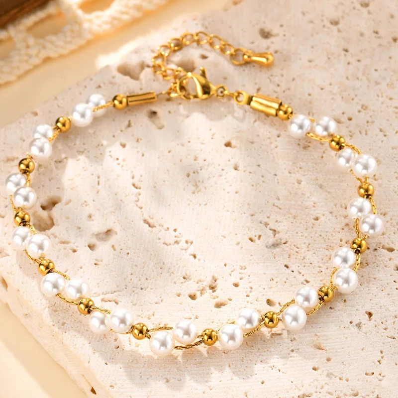 

Pearl Bracelet, 18k Gold Plated Delicate Waterproof Chain Adjustable, Statement Jewelry Gifts For Mom Women Girls