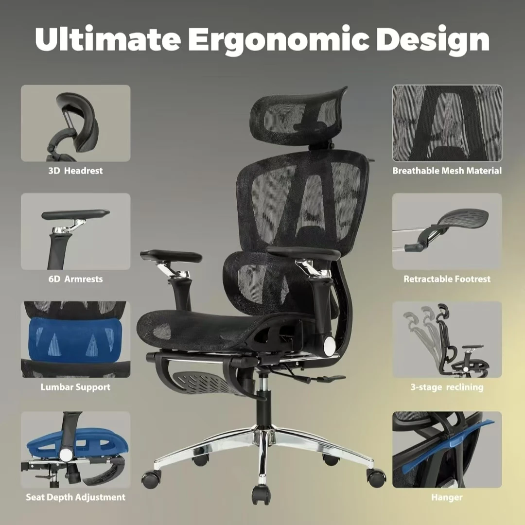 Cadeira de escritório ergonômica de malha com apoio para os pés