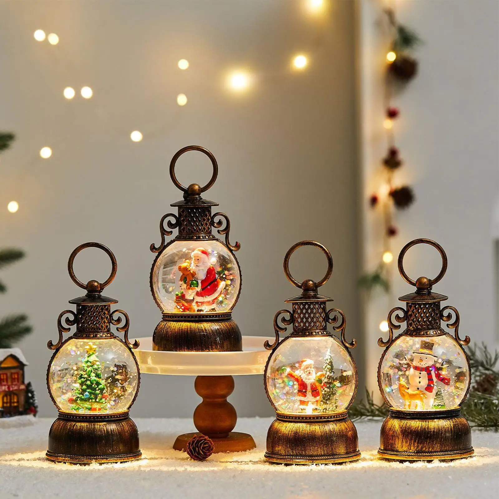Weihnachtsschneekugel-Laterne mit LED-Leuchten, Winter-Retro-Tischdekoration für Kaminsims, Esszimmer, unter dem Baum, Geschenk für die Familie