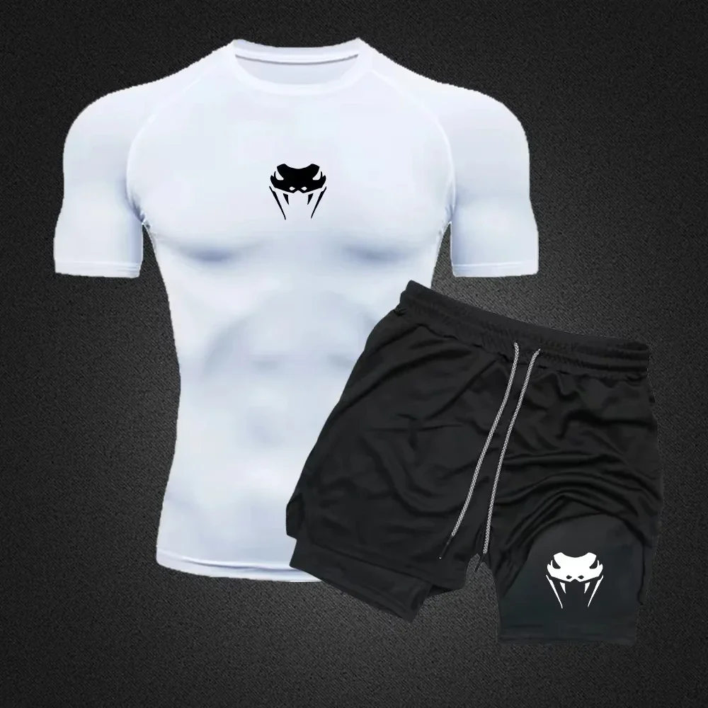 Trendy Printed Sports Fitness Suit Set, Quick Drying Tight Short-Sleeved Anime Double-Layer Shorts Set, Fitness Running Set